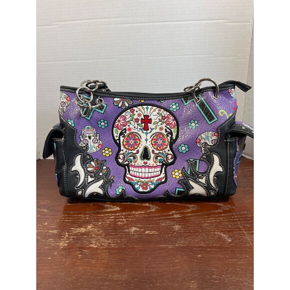 Sugar Skull Purple Handbag With Multiple Compartments & Black Accents V3 - Picture 1 of 5